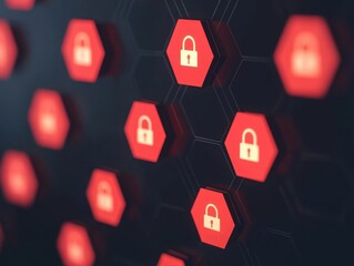 A digital pattern of hexagonal icons with red padlock symbols, representing security and protection in a modern, tech-inspired design.