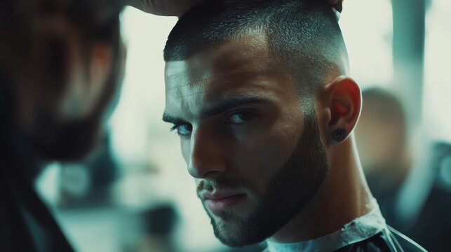 Closeup Modern barber styling a clients hair with a fade cut, trendy mens grooming concept