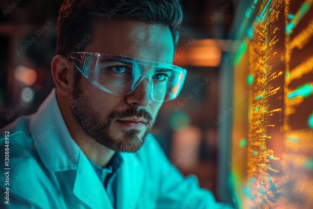 Aufkleber Scientist analyzing data on glowing screen in laboratory during evening hours with focused expression