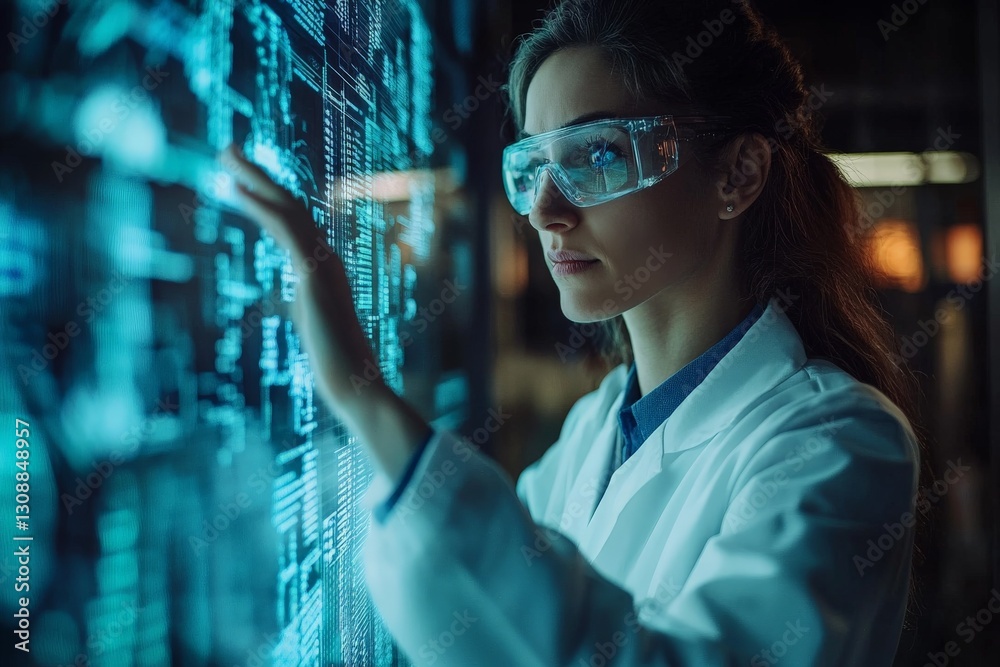 Leinwandbilder Scientist analyzing data on a digital display in a modern laboratory during evening hours