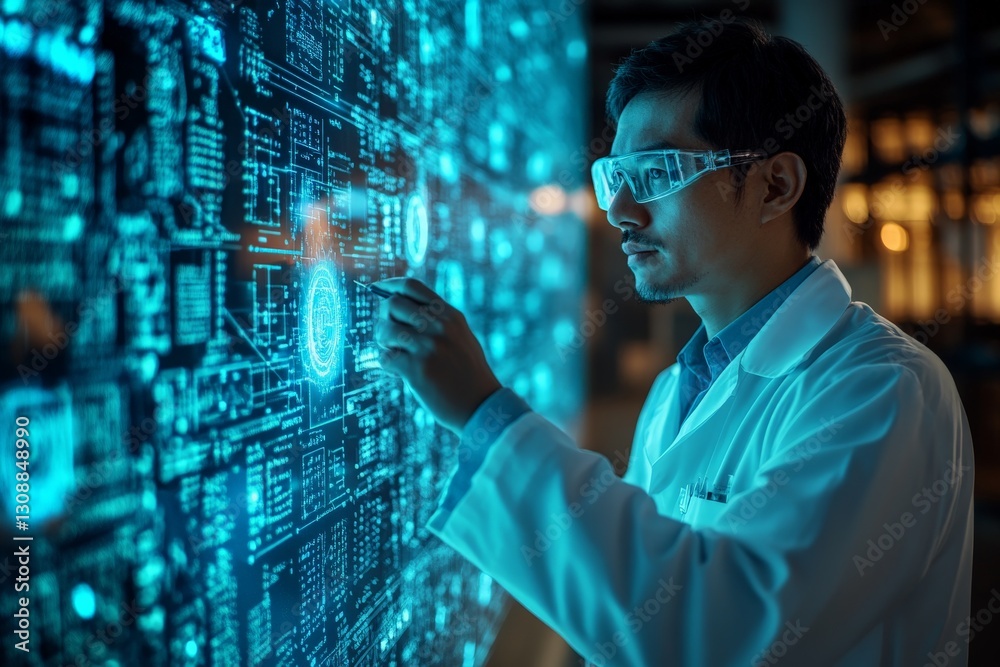 Aufkleber Scientist analyzing digital data on a high-tech interface in a contemporary laboratory setting after hours