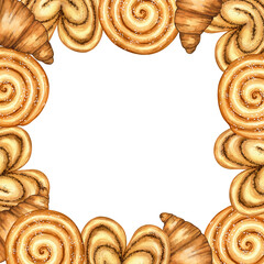 Watercolor png illustration: square frame composition. Pastries, sweet bun with sugar, cinnamon, roll, poppy seeds, cookies. Hand drawn border on transparent. for menu café, coffee house, bakery
