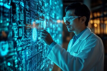 Scientist analyzing digital data on a high-tech interface in a contemporary laboratory setting after hours