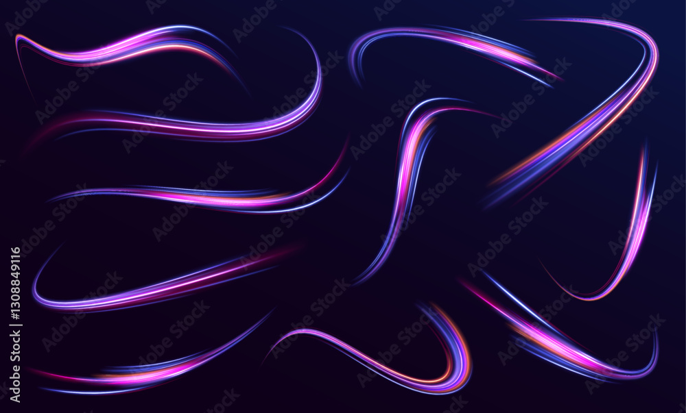 Poster Speed connection vector background. A large set of low-poly designs made of thin lines in the form of branches, spirals and arcs. Long exposure of motorways as speed.	