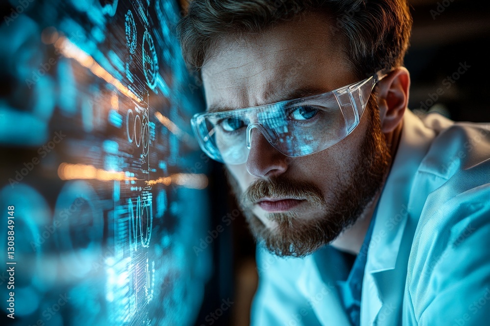 Fototapete Scientist analyzing data in a high-tech laboratory setting during evening hours while wearing protective eyewear