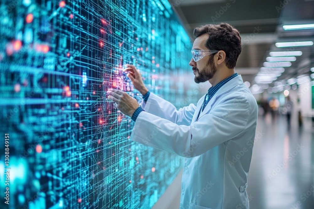 Poster scientist analyzes data on a digital interface in a modern research facility