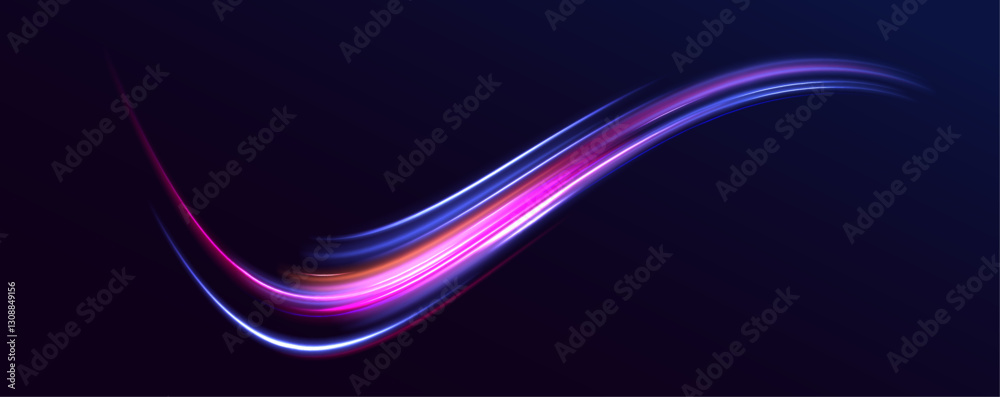 Fototapete Car road silhouette with light and motion effect. Vector image of colorful light trails with motion blur effect, long time exposure isolated on background.
