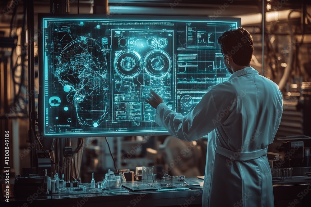Poster scientist analyzes advanced data on a digital interface in a high-tech laboratory