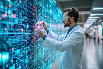 Scientist analyzes data on a digital interface in a modern research facility