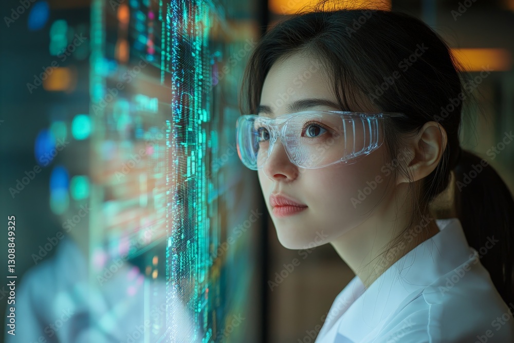 Poster young woman observing digital data visualization in a modern lab during evening hours while wearing 