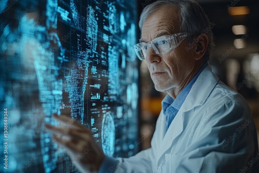 Leinwandbilder researcher examines digital data visualization in a high-tech laboratory during late evening hours