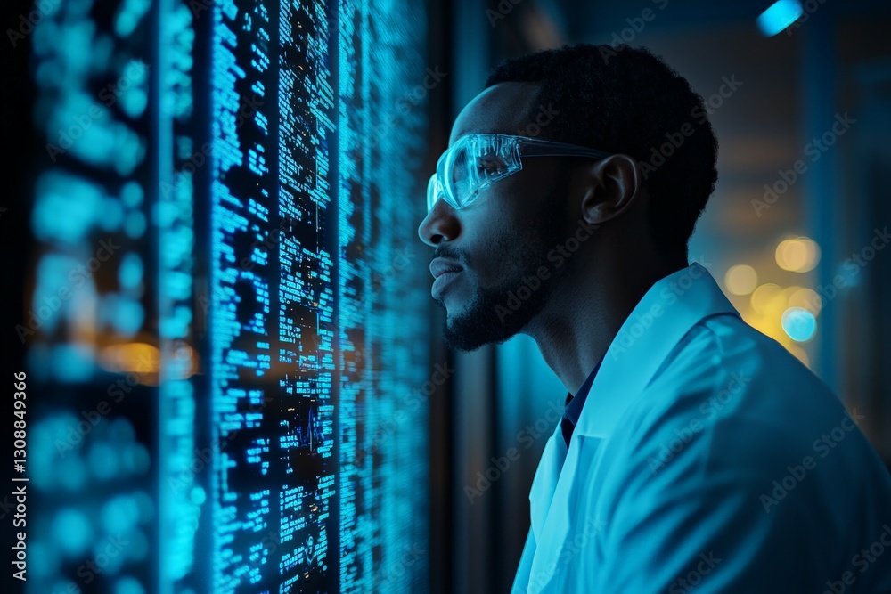 Leinwandbilder Data analyst evaluates complex digital information in a high-tech laboratory during the evening hours