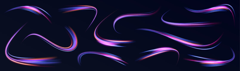 High speed effect motion blur night lights blue and red. Futuristic neon light line trails. Futuristic, technology pattern for banner or poster design background concept.	