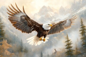 Obraz premium A majestic eagle soaring above a forest, with a hunter observing from below, marveling at the scene