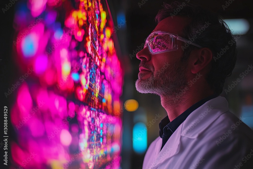 Aufkleber Scientist analyzes vibrant data visualizations in a modern laboratory setting at night
