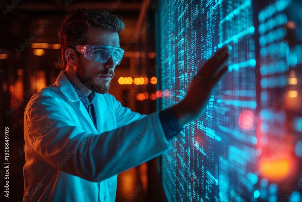 Aufkleber Scientist interacting with digital data display in a modern laboratory at night
