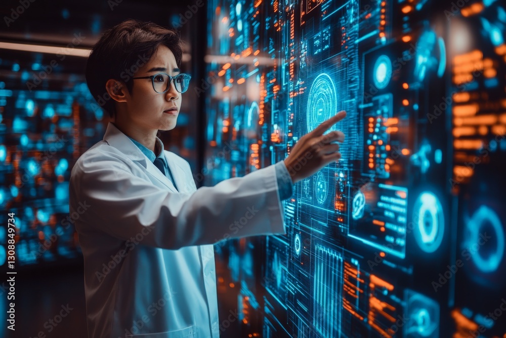 Leinwandbilder Scientist analyzes data on high-tech display in a modern lab during a research session