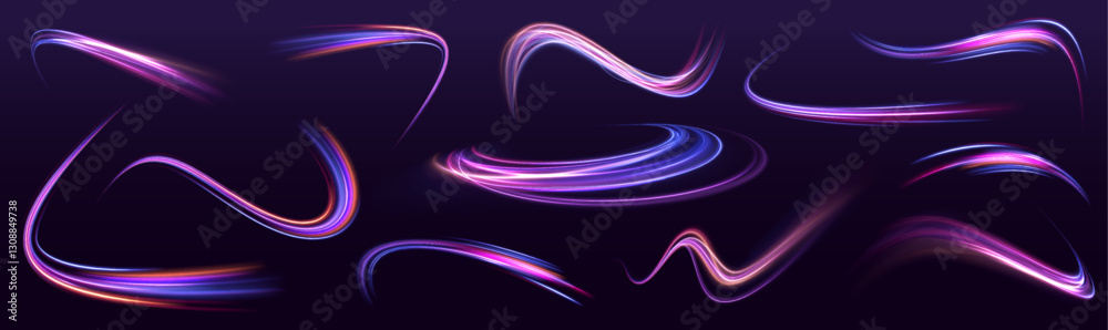 Aufkleber A large set of low-poly designs made of thin lines in the form of branches, spirals and arcs. Expressway, car headlight effect. Speed connection vector background.	