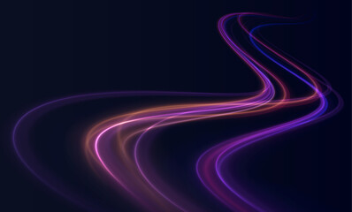 Rotating dynamic neon circle. Colored shiny sparks of spiral wave. Lines in the shape of a comet against a dark background. The effect of energy and speed. Vector.	