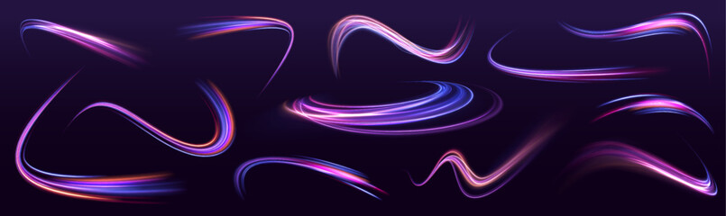 A large set of low-poly designs made of thin lines in the form of branches, spirals and arcs. Expressway, car headlight effect. Speed connection vector background.  © Mirotvoric