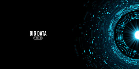 Glowing Digital Circle with decaying data fragments and bright projector on blue dark backdrop with dotted halftone effect. Futuristic FinTech banner. UI and GUI design. Vector illustration. EPS 10