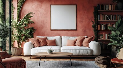 A modern living room with a light grey sofa, a wooden coffee table, and a bookcase in the background. A blank poster frame hangs on the wall above it.