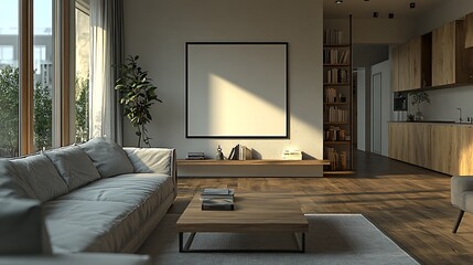 A modern living room with a light grey sofa, a wooden coffee table, and a bookcase in the background. A blank poster frame hangs on the wall above it.