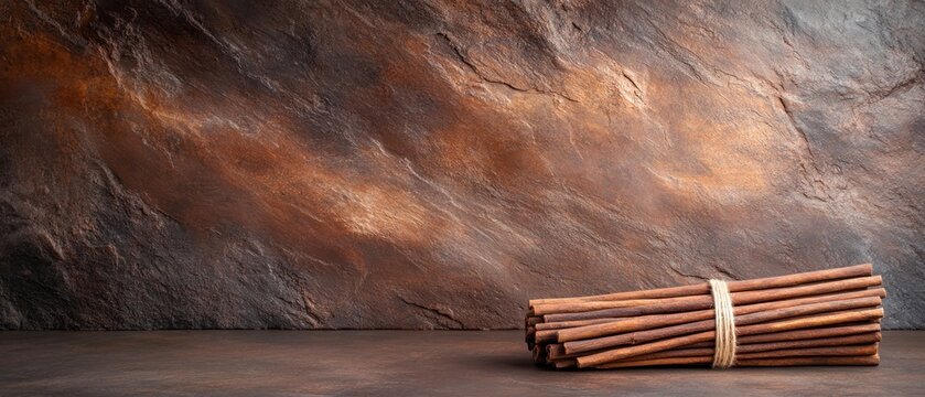 Cinnamon sticks bundled on a dark surface