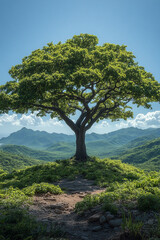 Majestic Oak Stands Tall on a Verdant Hillside with Distant Mountain Views