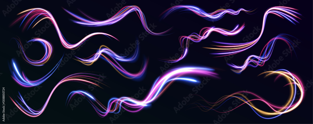 Poster Abstract high-speed light motion with glowing blue rays and fiber optic effects. A dynamic representation of data transfer in a high-tech environment. Vector illustration for modern tech themes.