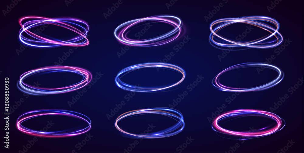 Fototapete neon lighting frames set, abstract cosmic rings and glowing borders. bright colors and futuristic ef