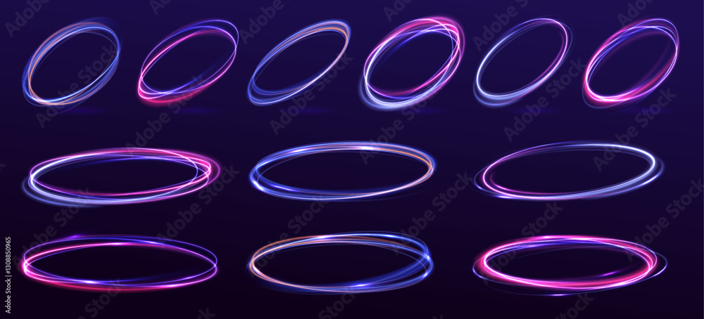 Poster set of gradient neon circle frames, glowing borders and bright colorful light effects. energy flow t