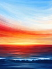 A vibrant sunset over the ocean, showcasing hues of orange, red, and blue, creating a serene and picturesque seascape.