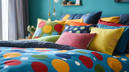Colorful polka dot bedding in vibrant bedroom decor
