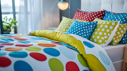 Colorful polka dot bedding in brightly lit modern bedroom