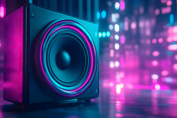 Vibrant neon speaker with pulsating blue and pink light effects in modern setting