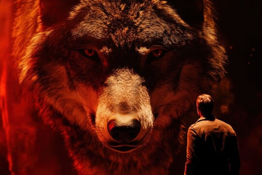 A man stands in front of a large, red wolf