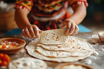 A mother teaching her children how to make traditional tortillas at home as part of a cultural heritage activity