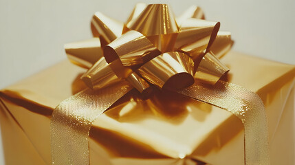 Shiny gold gift box with ribbon and bow