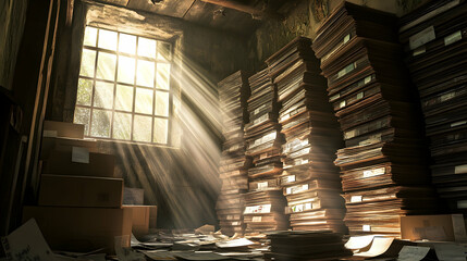 Sunlight streaming through window illuminating stacks of old files in dusty room