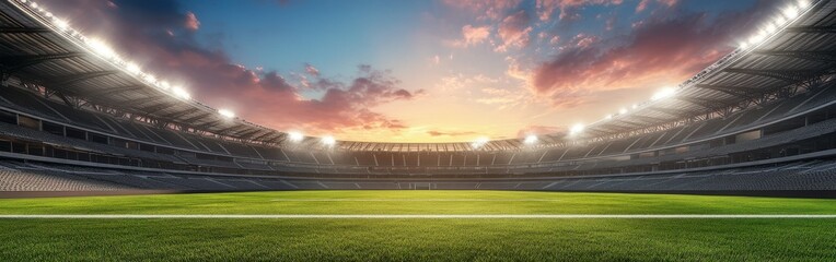 Spectacular sunset view over a sports stadium filled with lights