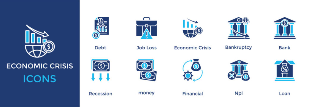 economic crisis icon set. with icon Debt, Job Loss, Bankruptcy, Bank, Recession