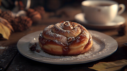 Warm cinnamon roll with icing and coffee on rustic autumn table setting