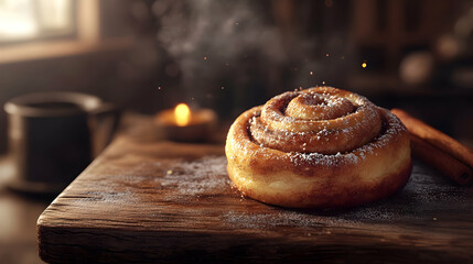 Warm cinnamon roll with dusting of powdered sugar on rustic wooden board