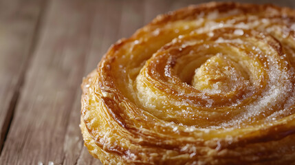 Close-up of sugary spiral pastry on wooden surface
