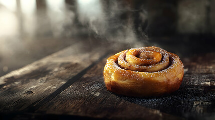 Warm cinnamon roll on rustic wooden table with morning steam
