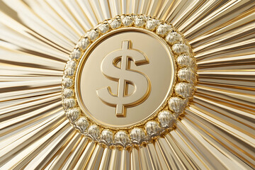 Golden dollar sign emblem with radiating metallic beams