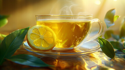 Steaming lemon tea in sunlit glass cup surrounded by fresh green leaves