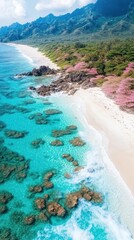Tropical beach paradise with turquoise water and pink blossoms