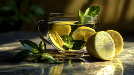 Refreshing lemon tea with fresh slices and green leaves on marble surface